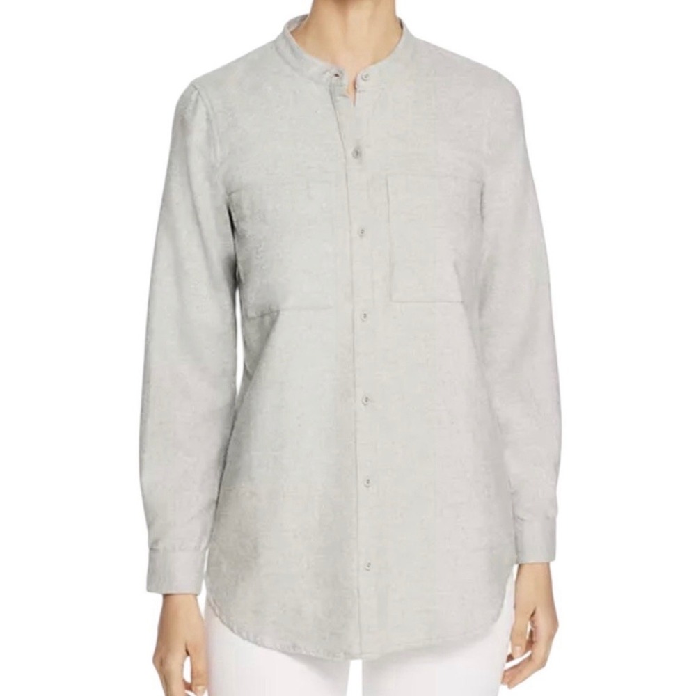 Eileen Fisher‎ Organic Cotton Flannel Mandarin Collar Tunic Shirt Grey M F18TWO